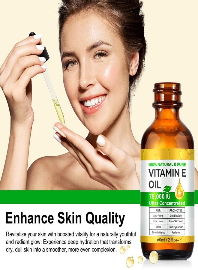 KITNOBLIS Vitamin E Oil for Skin - 75,000 IU | Vitamin E Oil for Scars, Stretch Marks, Wrinkles, 100% Natural d-Alpha Tocopherol for Face & Hair, Moisturizing Anti-Aging (60 ML) - Image 3